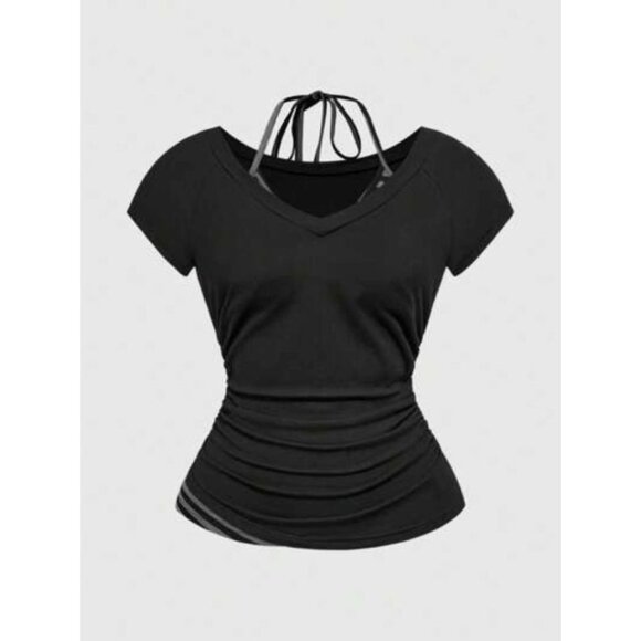 SHEIN Tops - ROMWE Y2K Women's Size M Bust 31 Vintage 2 in 1 V-Neck Striped Bow Tie Halter T